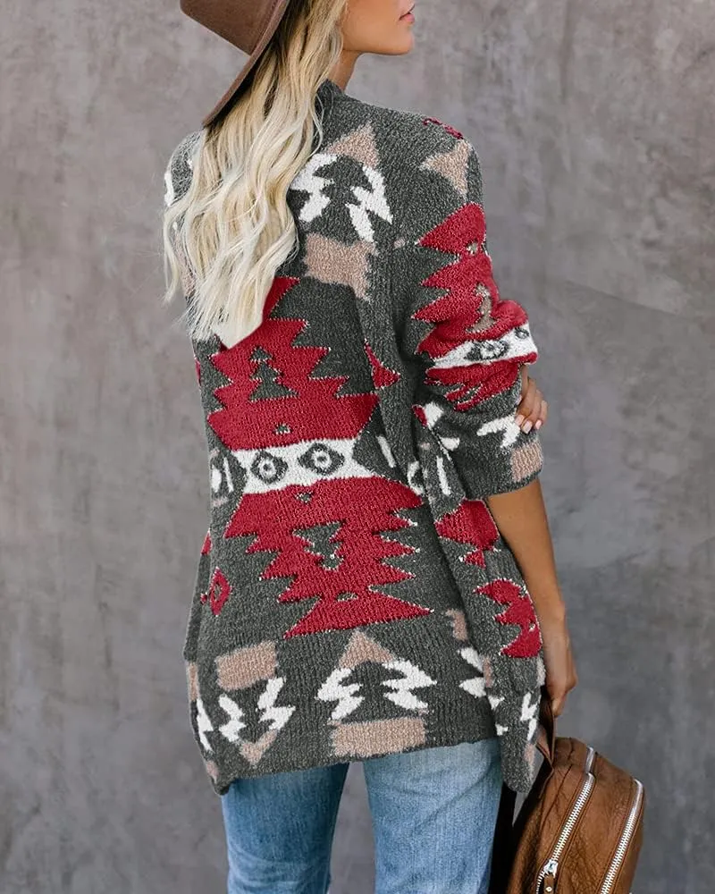 FERBIA Women Boho Cardigan Aztec Open Front Loose Slouchy Sweaters Tribal Long Sleeve Knitted Christmas Jacket Coat