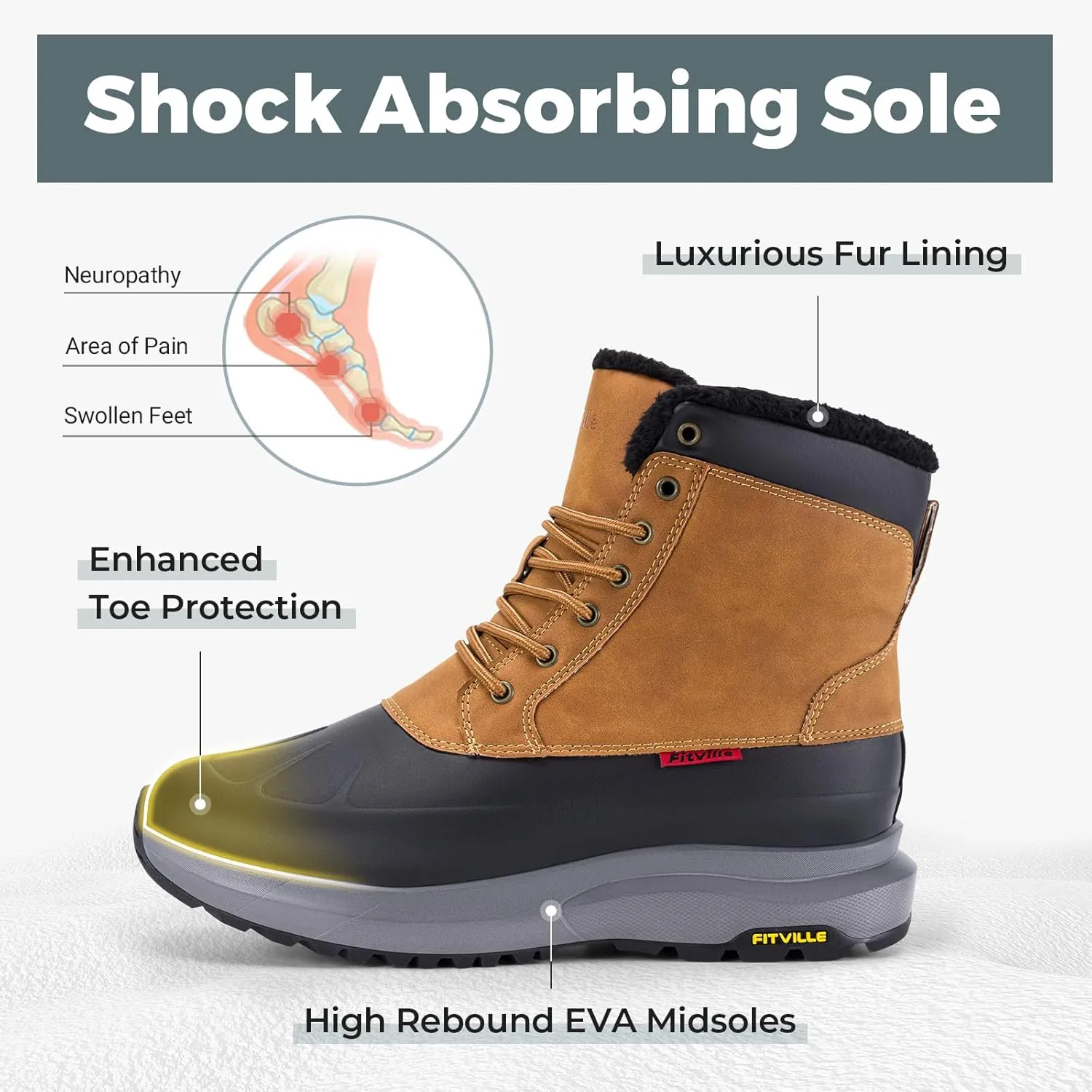 FitVille Men Wide Winter Boots Waterproof Insulated Duck Snow Boots Outdoor Hiking Mid Calf Boots Slip Resistance Warm Fur Liner High-top Shoes