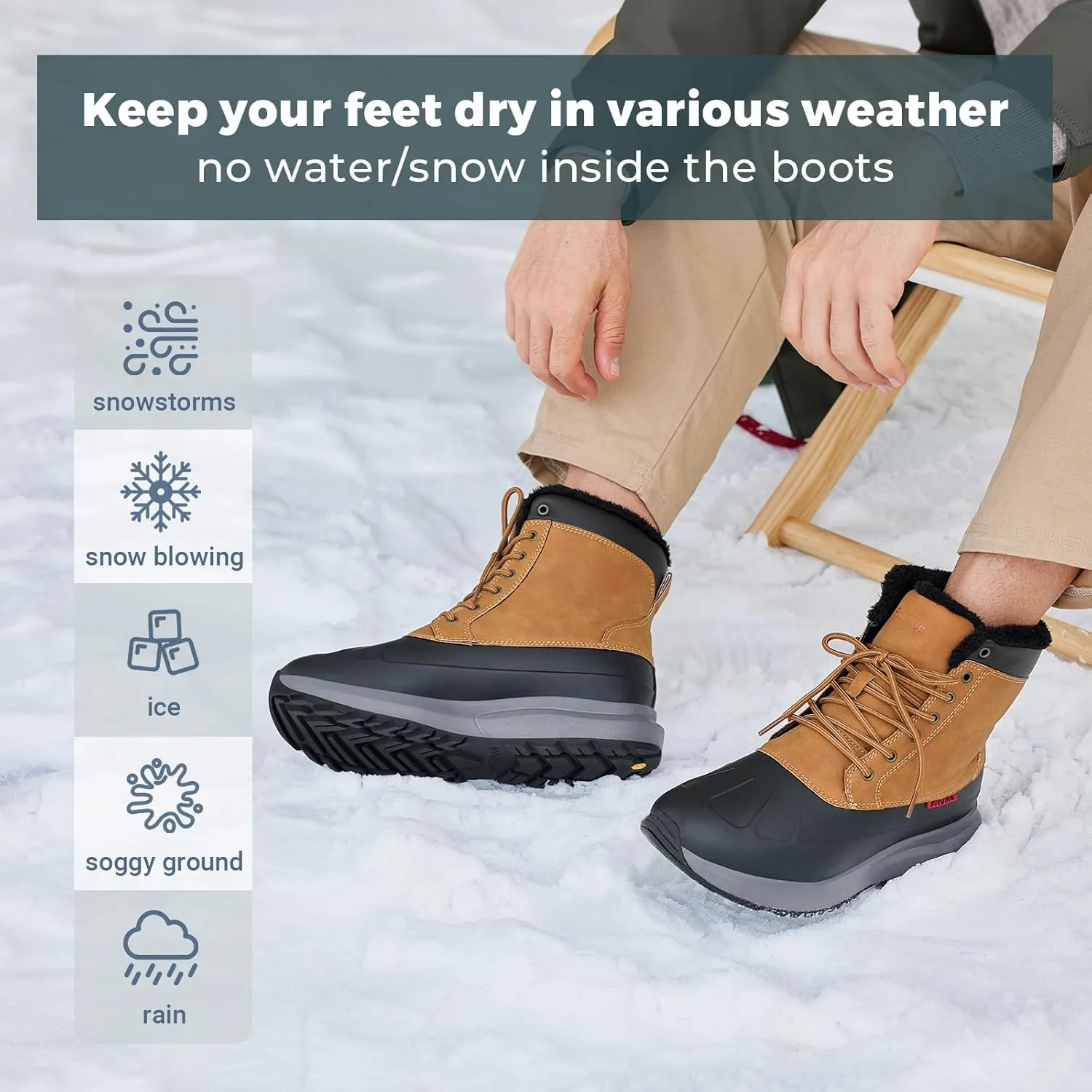 FitVille Men Wide Winter Boots Waterproof Insulated Duck Snow Boots Outdoor Hiking Mid Calf Boots Slip Resistance Warm Fur Liner High-top Shoes