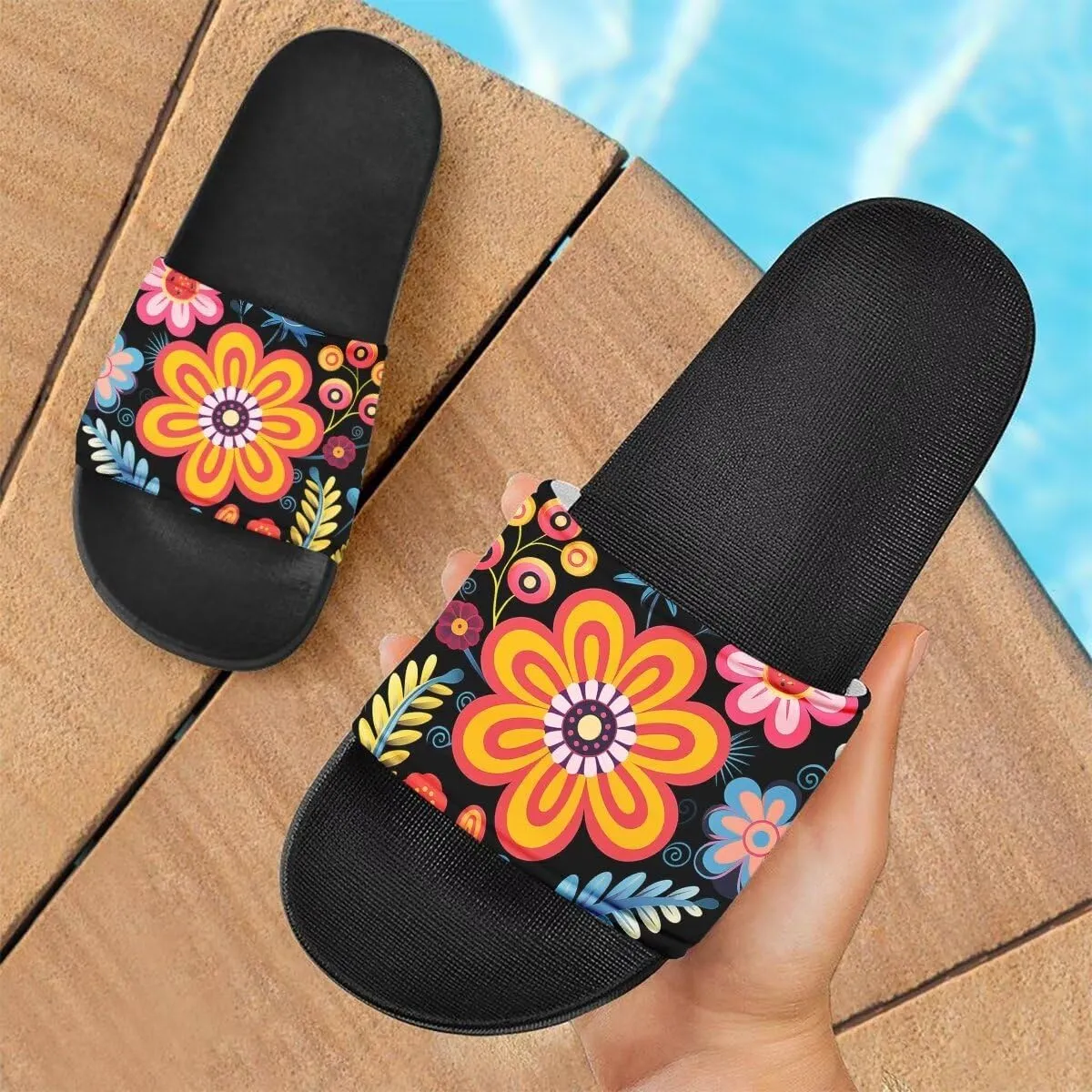 Flower Print Sandals for Women Slide Sandals Casual Lightweight Non Slip Summer Slippers