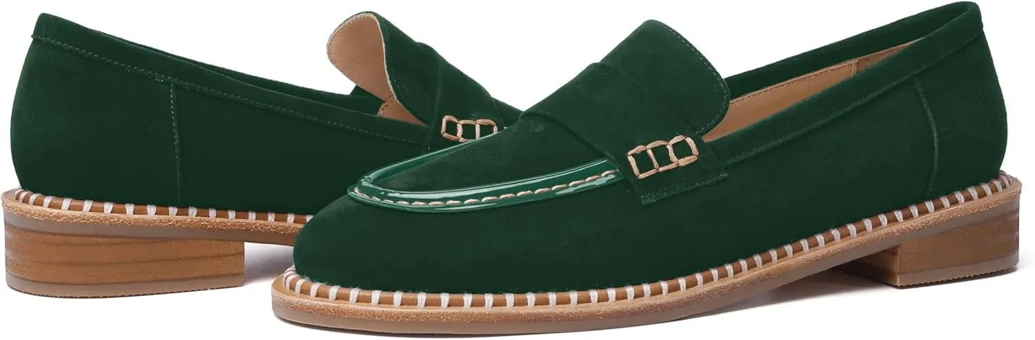 FOGEENA Womens Penny Round Toe Casual Fashion Slip On Suede Leather Chunky Low Heel Loafers Dress Shoes 1 Inch