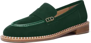 FOGEENA Womens Penny Round Toe Casual Fashion Slip On Suede Leather Chunky Low Heel Loafers Dress Shoes 1 Inch