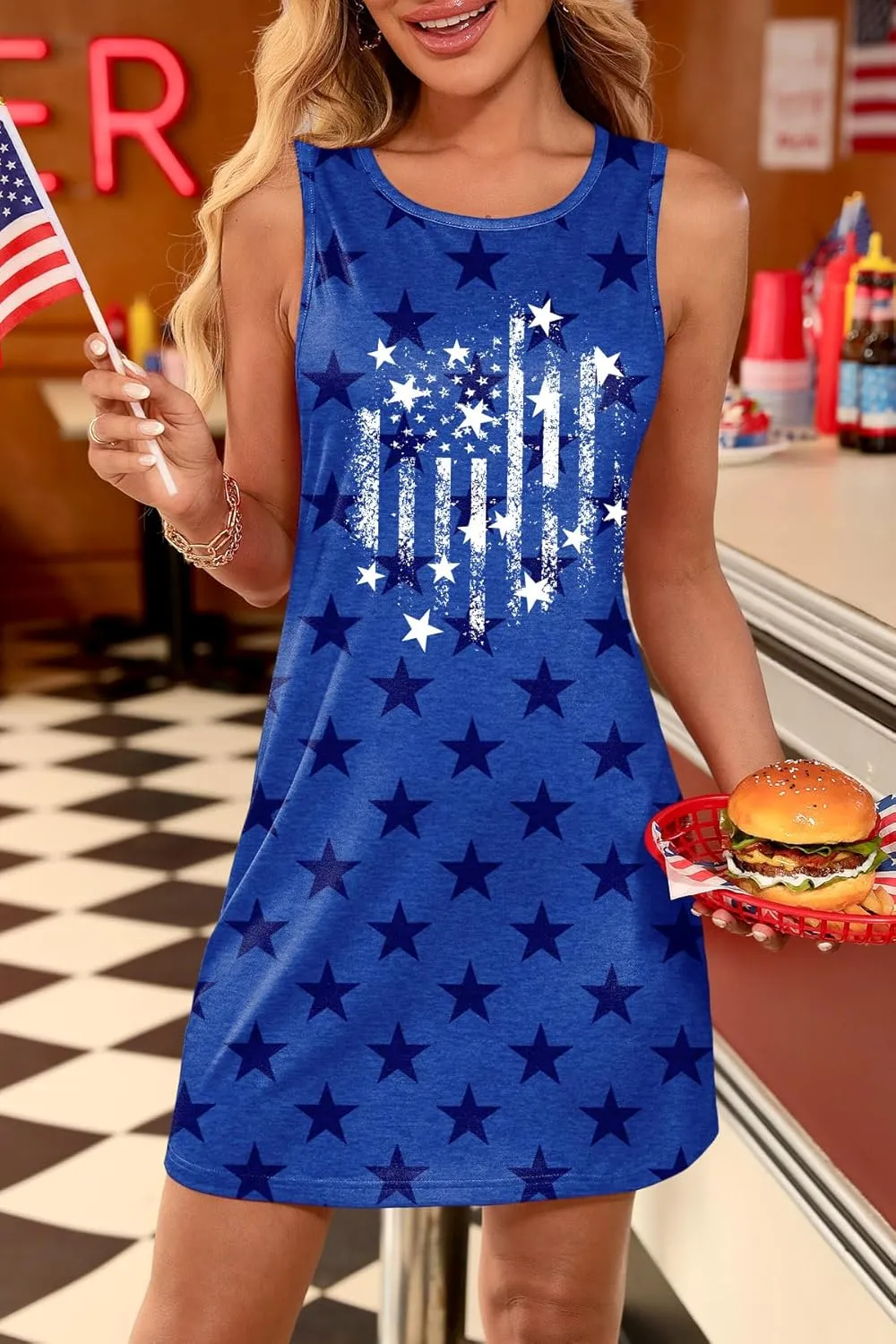 For G and PL Women 4th of July American Flag Tank Dress Crewneck Stars Stripe Mini Patriotic Sleeveless Beach Sundress