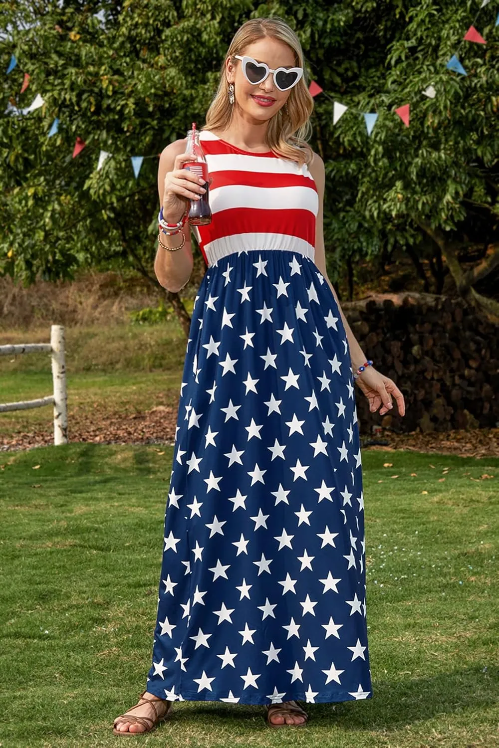 For G and PL Womens 4th of July American Flag Sleeveless Maxi Dress Patriotic Long Tank Sundress with Pockets