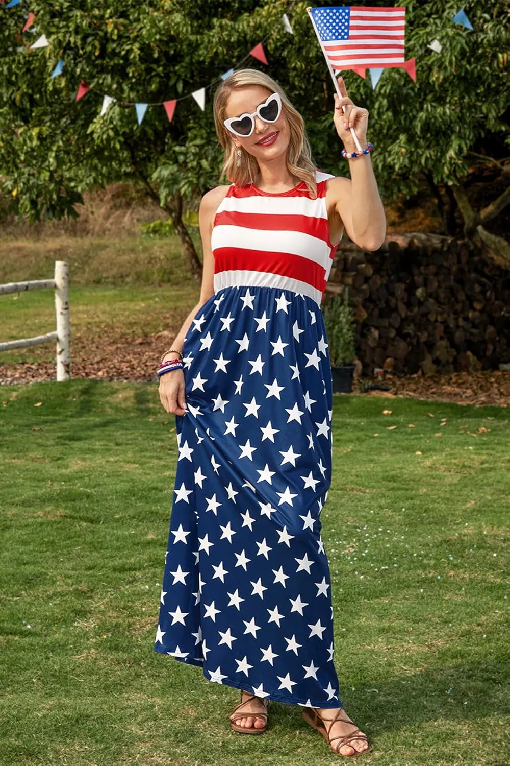 For G and PL Womens 4th of July American Flag Sleeveless Maxi Dress Patriotic Long Tank Sundress with Pockets