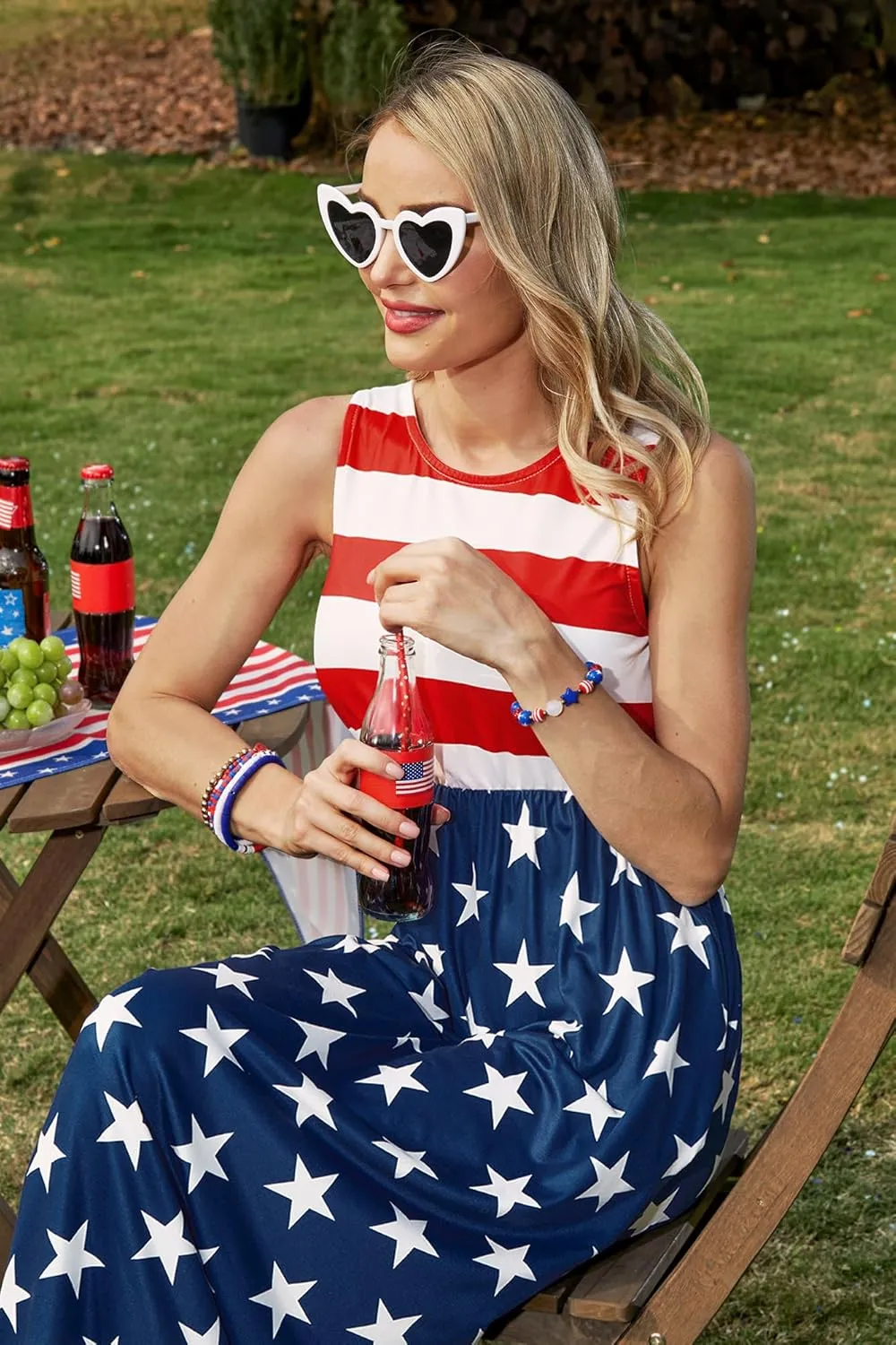 For G and PL Womens 4th of July American Flag Sleeveless Maxi Dress Patriotic Long Tank Sundress with Pockets
