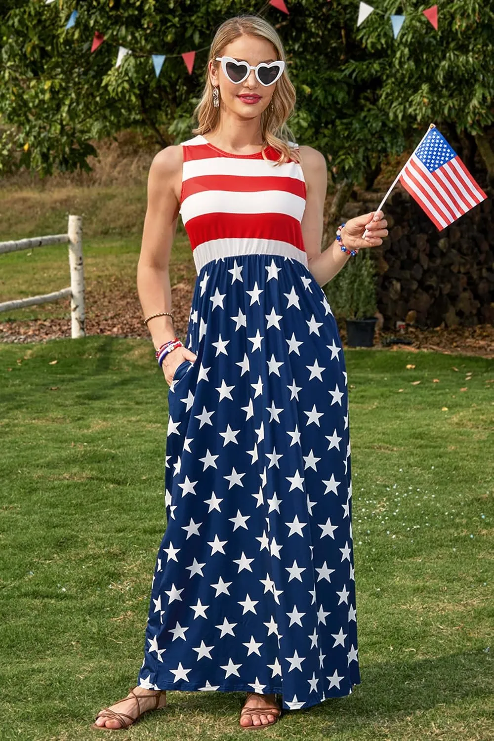 For G and PL Womens 4th of July American Flag Sleeveless Maxi Dress Patriotic Long Tank Sundress with Pockets