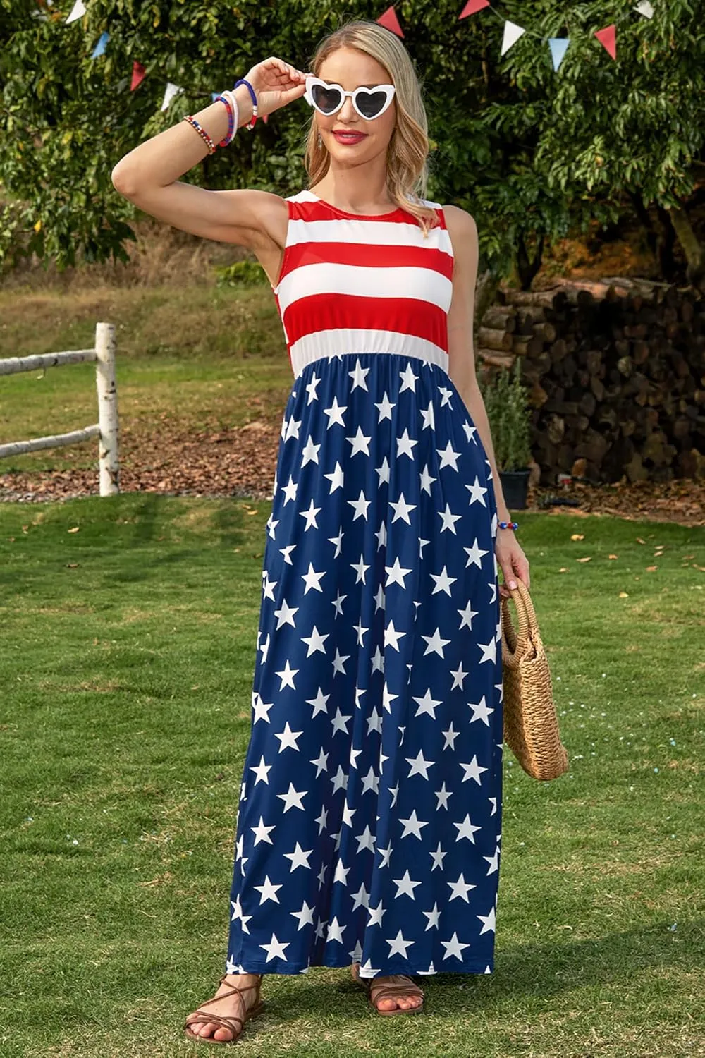 For G and PL Womens 4th of July American Flag Sleeveless Maxi Dress Patriotic Long Tank Sundress with Pockets