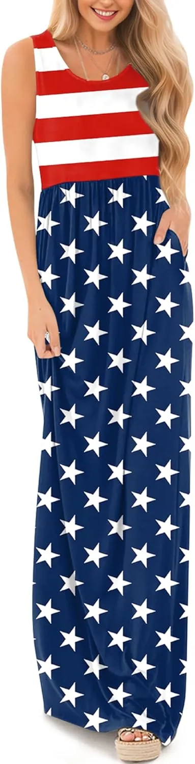 For G and PL Womens 4th of July American Flag Sleeveless Maxi Dress Patriotic Long Tank Sundress with Pockets
