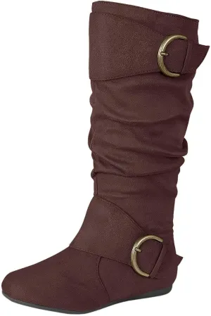 Forever Link Women's Klein-70 Closed Round Toe Buckle Slouch Flat Heel Mid-Calf Boot