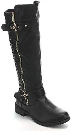Forever Mango-21 Women's Winkle Back Shaft Side Zip Knee High Flat Riding Boots Black 9
