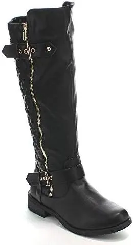Forever Mango-21 Women's Winkle Back Shaft Side Zip Knee High Flat Riding Boots Black 9
