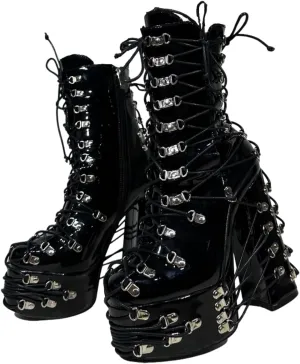 Frankie Hsu Handmade Goth Chunky Platform Ankle High Heeled Bootie, Lace Up Black Patent Silver Buckle Punk Gothic Y2K Hot Cool Girl Big Large Size Shoes For Women Men