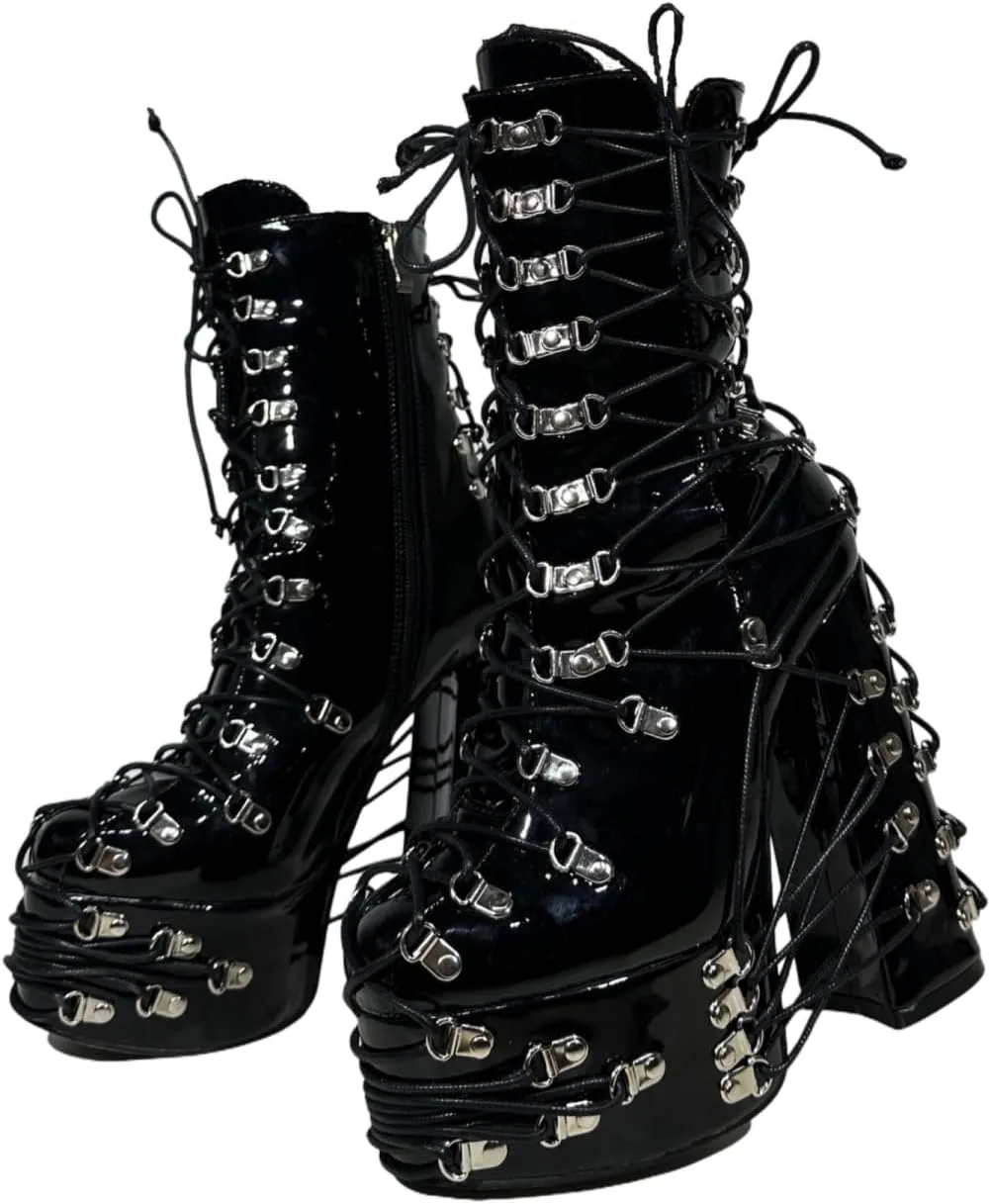 Frankie Hsu Handmade Goth Chunky Platform Ankle High Heeled Bootie, Lace Up Black Patent Silver Buckle Punk Gothic Y2K Hot Cool Girl Big Large Size Shoes For Women Men