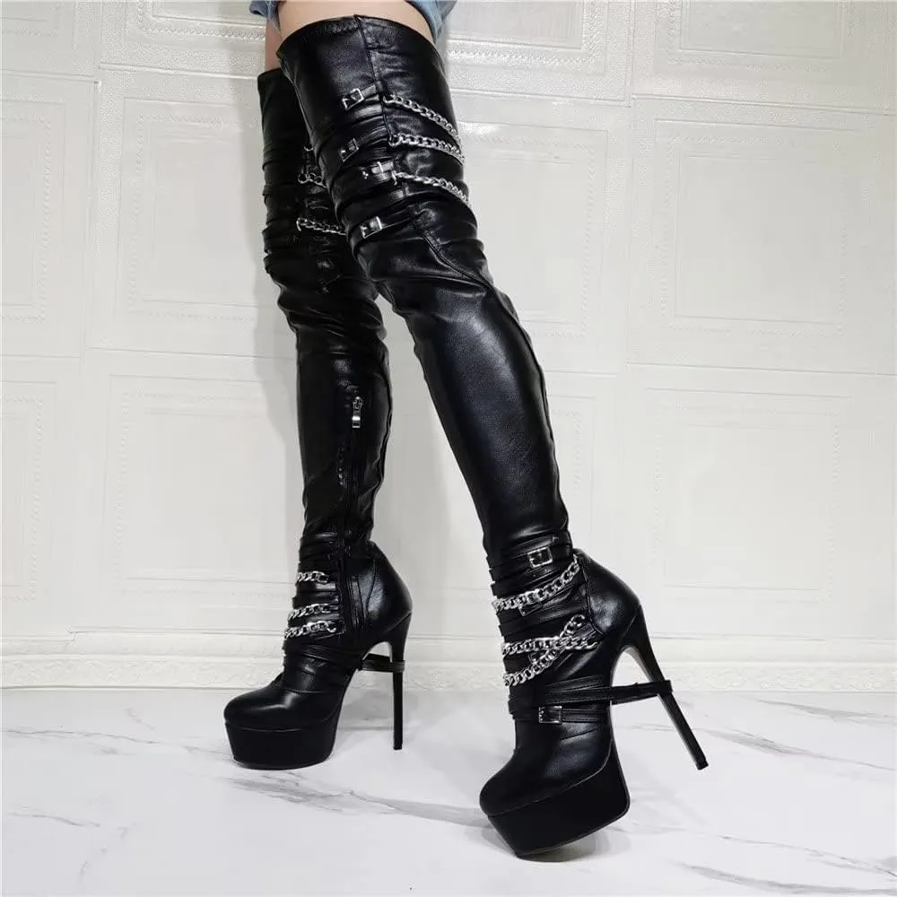 Frankie Hsu Platform Stiletto Over The Knee Boots, Silver Chain Classic Black Goth Locomotive Thigh High Style, Big Size Motorcycle Fashion Heeled Long Tall Winter Shoes For Women