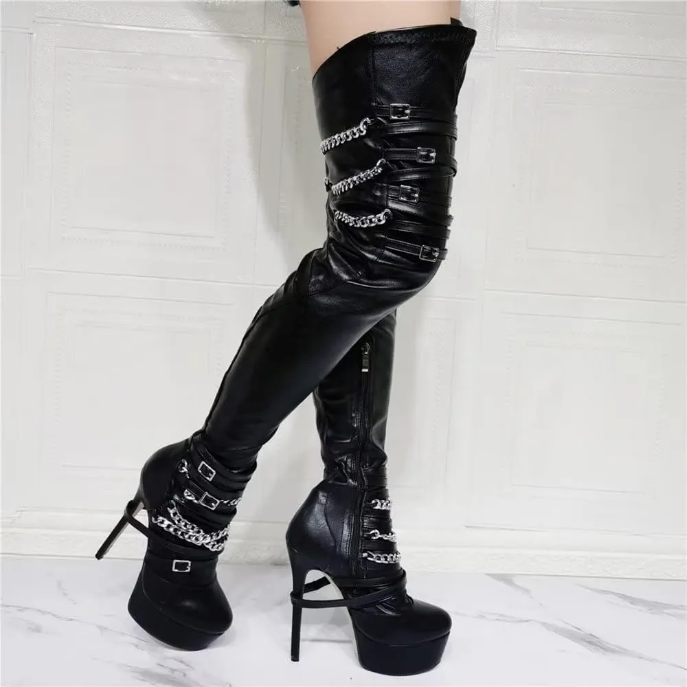 Frankie Hsu Platform Stiletto Over The Knee Boots, Silver Chain Classic Black Goth Locomotive Thigh High Style, Big Size Motorcycle Fashion Heeled Long Tall Winter Shoes For Women