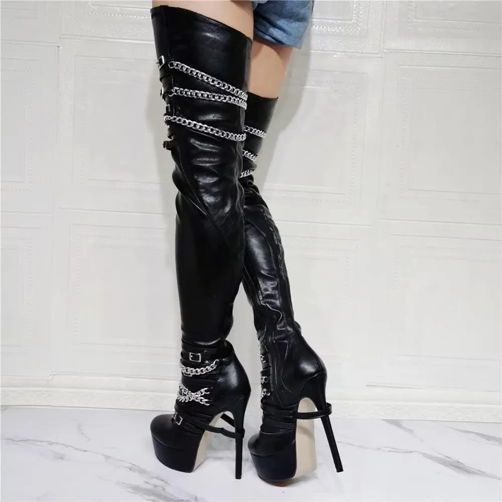 Frankie Hsu Platform Stiletto Over The Knee Boots, Silver Chain Classic Black Goth Locomotive Thigh High Style, Big Size Motorcycle Fashion Heeled Long Tall Winter Shoes For Women