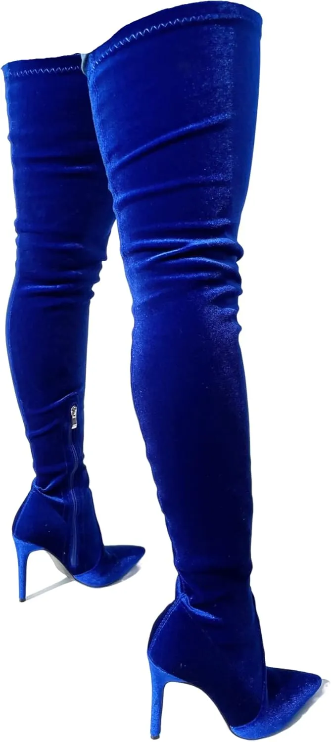 Frankie Hsu Sexy Stiletto Above Over The Knee Boots, Blue Velvet Strech High Heels Wide Thigh Style, Fashion Big Large Size Shark Heeled Long Tall Shoes For Women Men