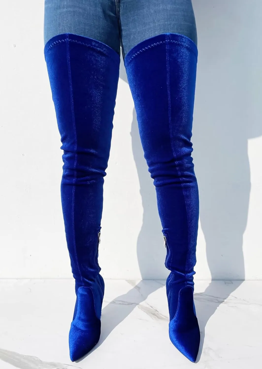 Frankie Hsu Sexy Stiletto Above Over The Knee Boots, Blue Velvet Strech High Heels Wide Thigh Style, Fashion Big Large Size Shark Heeled Long Tall Shoes For Women Men
