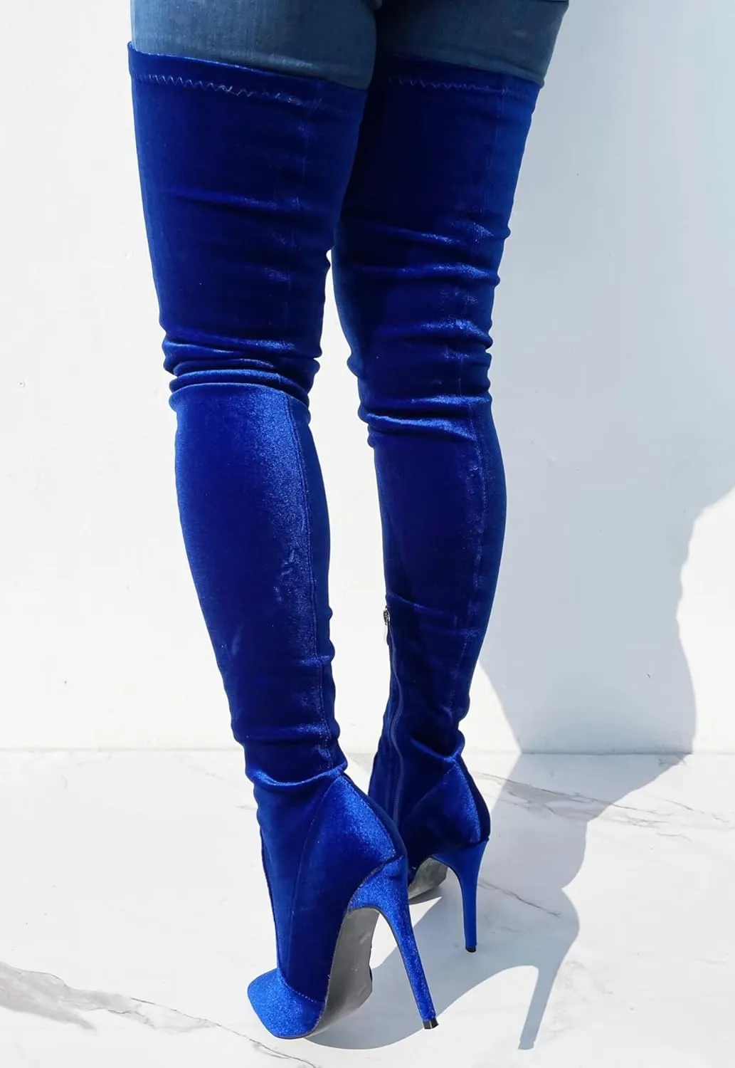 Frankie Hsu Sexy Stiletto Above Over The Knee Boots, Blue Velvet Strech High Heels Wide Thigh Style, Fashion Big Large Size Shark Heeled Long Tall Shoes For Women Men