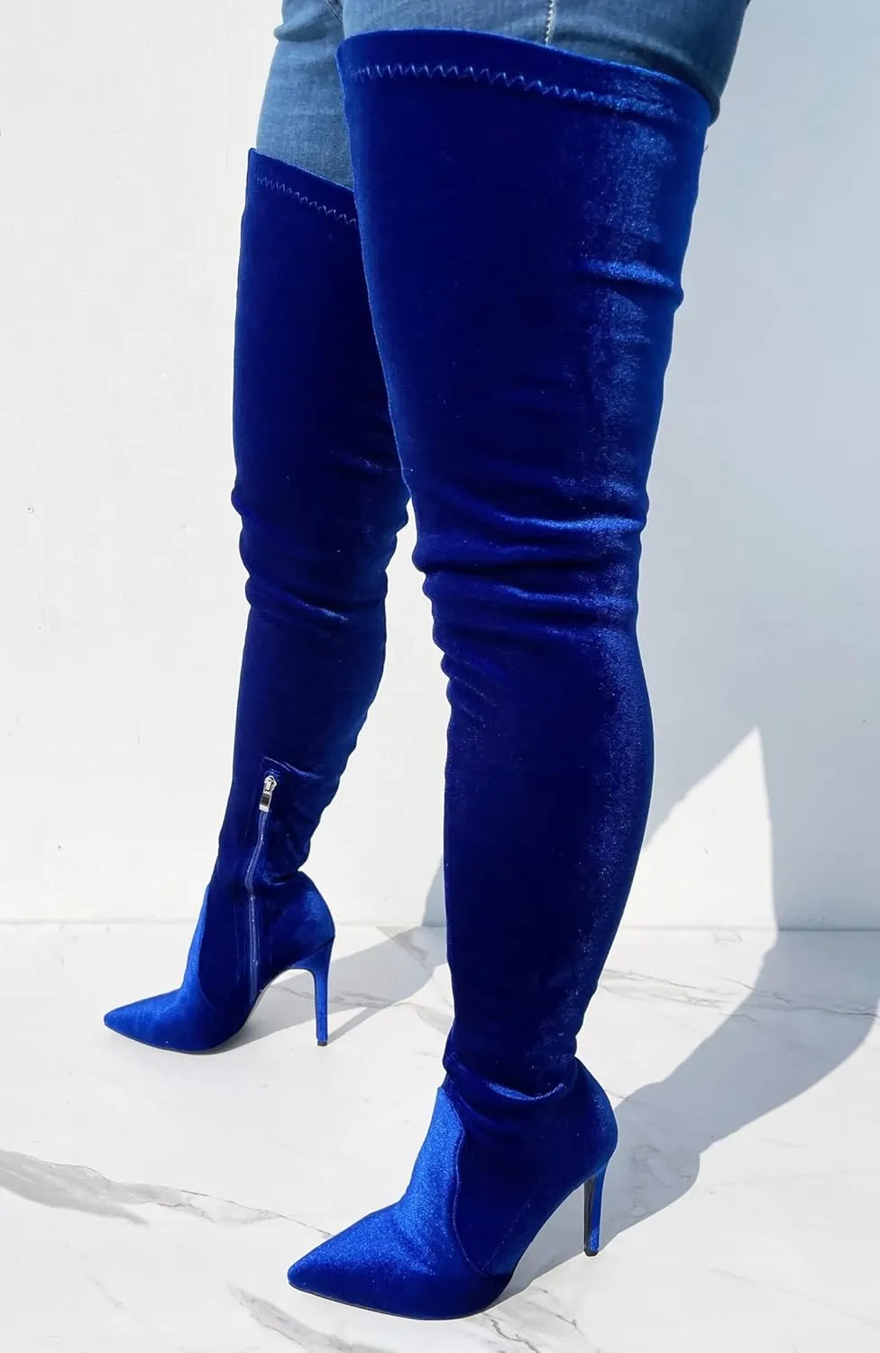 Frankie Hsu Sexy Stiletto Above Over The Knee Boots, Blue Velvet Strech High Heels Wide Thigh Style, Fashion Big Large Size Shark Heeled Long Tall Shoes For Women Men