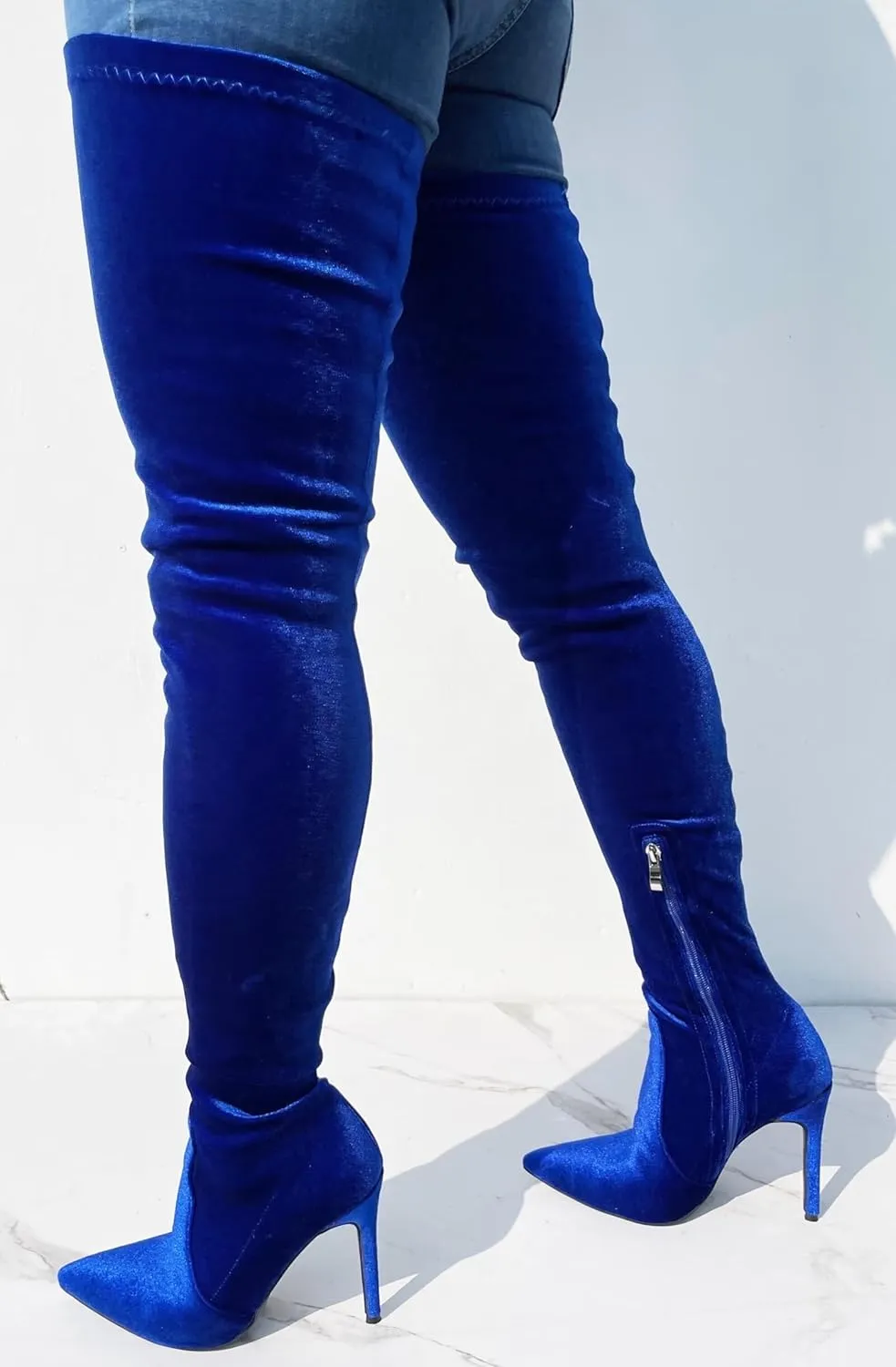 Frankie Hsu Sexy Stiletto Above Over The Knee Boots, Blue Velvet Strech High Heels Wide Thigh Style, Fashion Big Large Size Shark Heeled Long Tall Shoes For Women Men