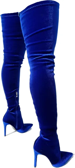 Frankie Hsu Sexy Stiletto Above Over The Knee Boots, Blue Velvet Strech High Heels Wide Thigh Style, Fashion Big Large Size Shark Heeled Long Tall Shoes For Women Men