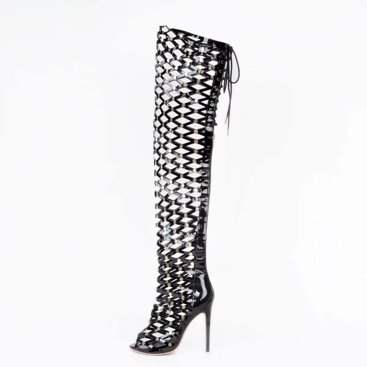 Frankie Hsu Sexy Stiletto Rivets Over The Knee Boots, Classic Black Lace Stockings Gladiator Thigh High Style, Big Size Fashion Cool Goth Heeled Long Tall Shoes For Women Men