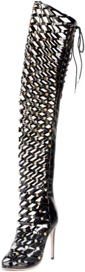 Frankie Hsu Sexy Stiletto Rivets Over The Knee Boots, Classic Black Lace Stockings Gladiator Thigh High Style, Big Size Fashion Cool Goth Heeled Long Tall Shoes For Women Men