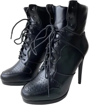 Frankie Hsu Sport Basketball High Heeled Ankle Boots, Casual Black Sneaker Style Bootie, Big Size Fashion Designer Lace Up Shoes For Women Men