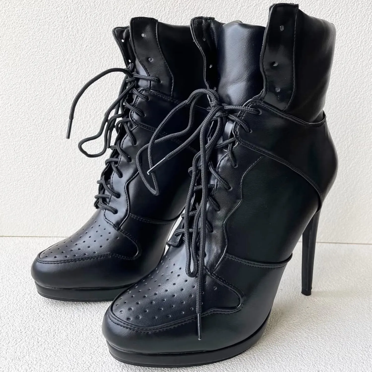 Frankie Hsu Sport Basketball High Heeled Ankle Boots, Casual Black Sneaker Style Bootie, Big Size Fashion Designer Lace Up Shoes For Women Men