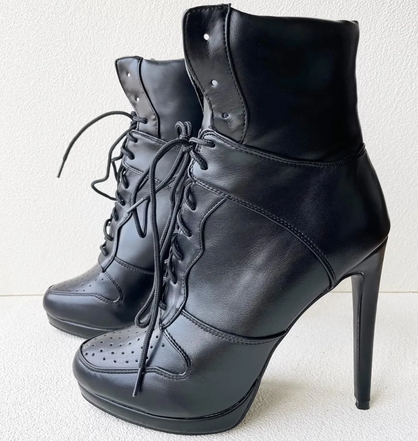 Frankie Hsu Sport Basketball High Heeled Ankle Boots, Casual Black Sneaker Style Bootie, Big Size Fashion Designer Lace Up Shoes For Women Men