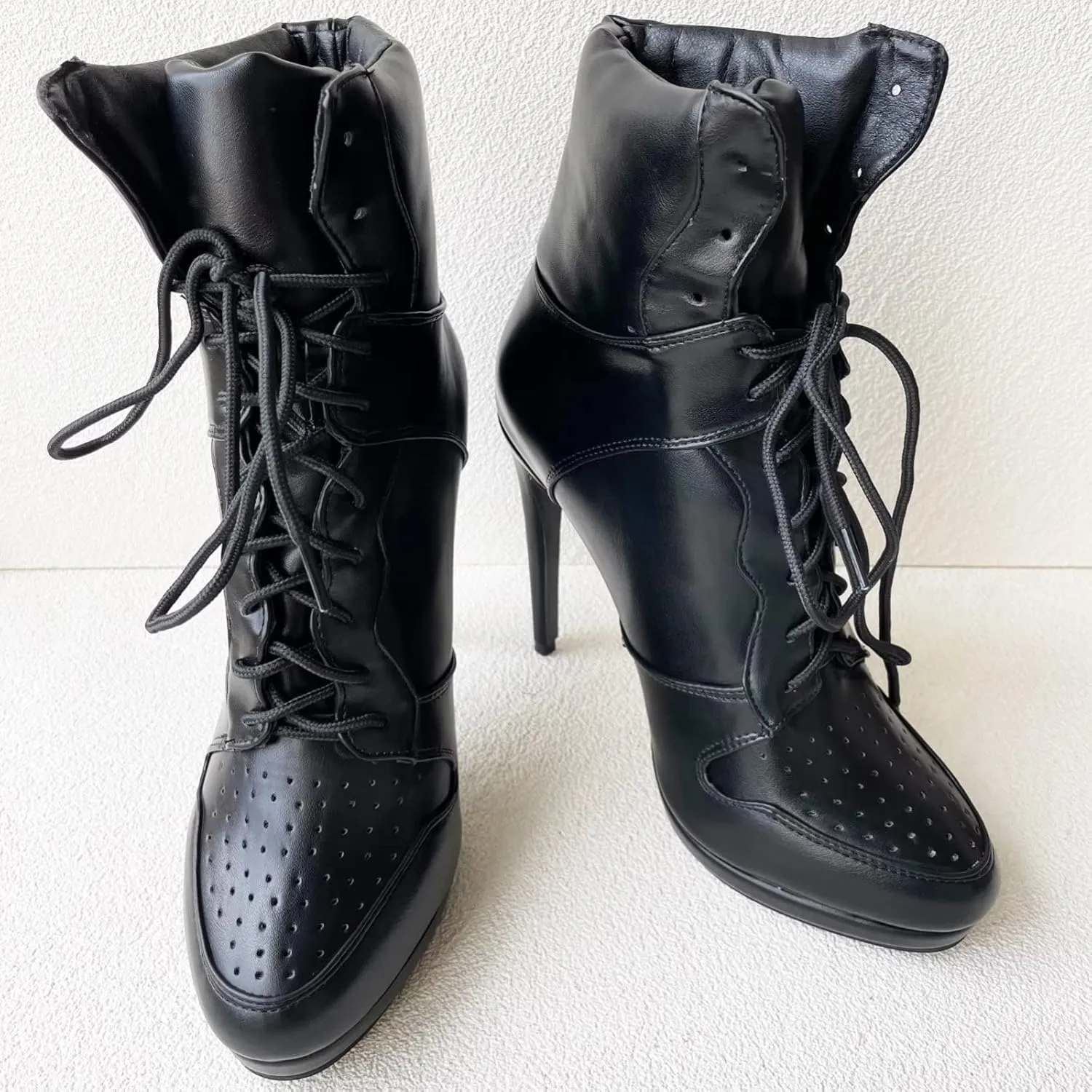 Frankie Hsu Sport Basketball High Heeled Ankle Boots, Casual Black Sneaker Style Bootie, Big Size Fashion Designer Lace Up Shoes For Women Men