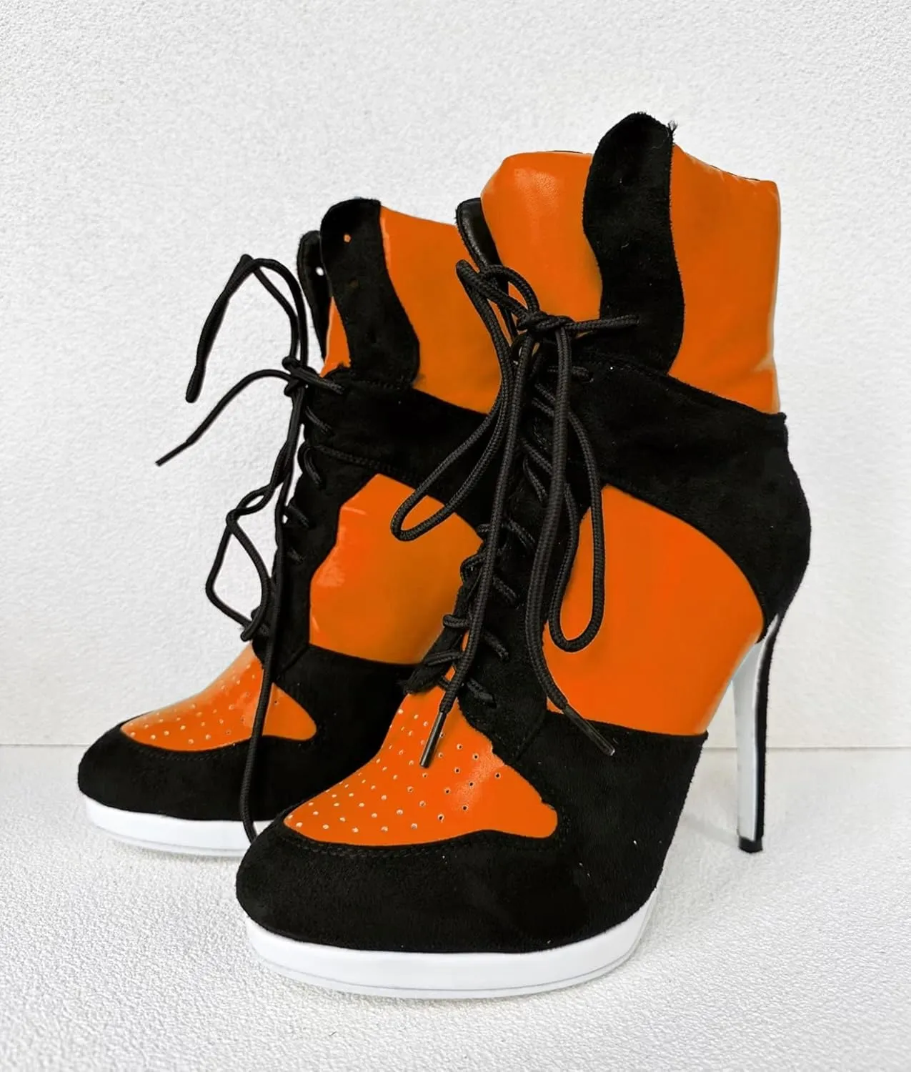 Frankie Hsu Stiletto Sport Basketball High Heeled Ankle Boots, Casual Black Royal Blue White Bottom Sole Sneaker Bootie, Big Size Designer Shoes For Women