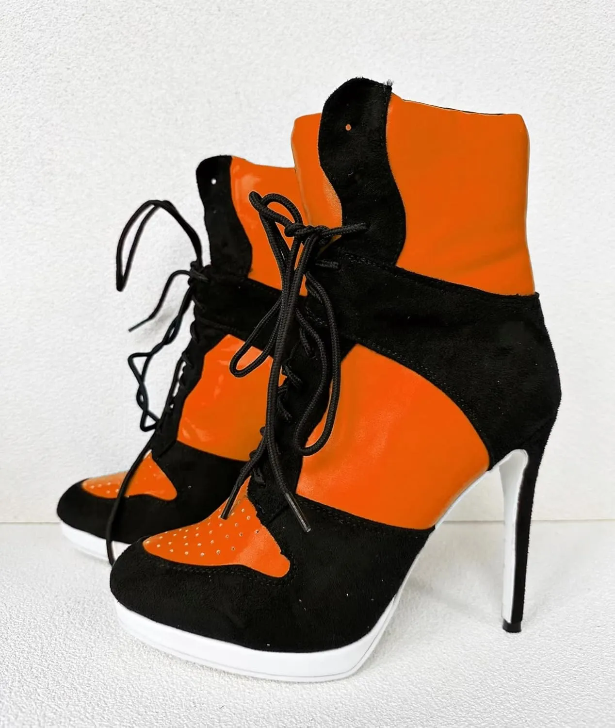 Frankie Hsu Stiletto Sport Basketball High Heeled Ankle Boots, Casual Black Royal Blue White Bottom Sole Sneaker Bootie, Big Size Designer Shoes For Women