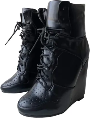 Frankie Hsu Wedge Sport Basketball High Heeled Ankle Boots, Casual Black Classic Sneaker Bootie, Big Size Fashion Designer Shoes For Women Men