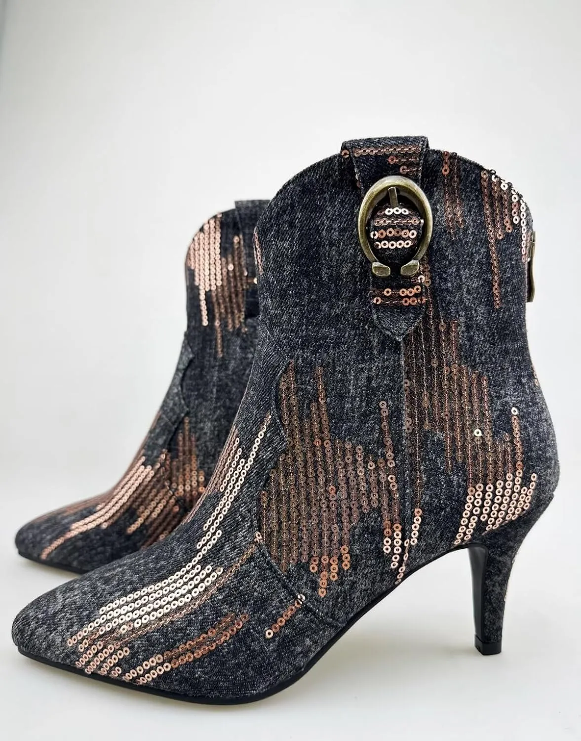 Frankie Hsu Women's Embroidered Western Cowboy Boots Ankle High Stitching Blue Denim Almond Medium Heeled Kitten Heel Fashion Retro Silver U-Shaped Buckle Classic Wide Ankle Big Size Pull-On Bootie
