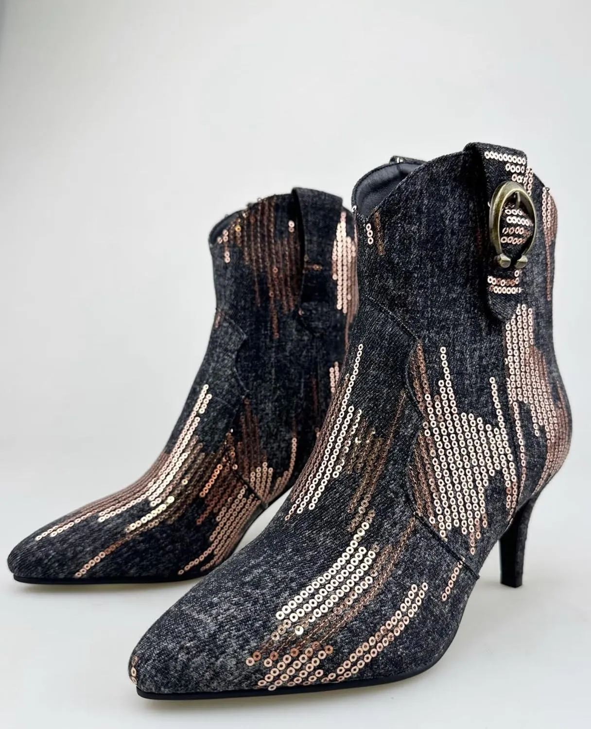 Frankie Hsu Women's Embroidered Western Cowboy Boots Ankle High Stitching Blue Denim Almond Medium Heeled Kitten Heel Fashion Retro Silver U-Shaped Buckle Classic Wide Ankle Big Size Pull-On Bootie
