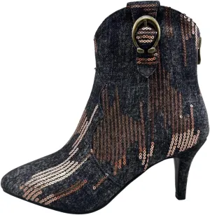 Frankie Hsu Women's Embroidered Western Cowboy Boots Ankle High Stitching Blue Denim Almond Medium Heeled Kitten Heel Fashion Retro Silver U-Shaped Buckle Classic Wide Ankle Big Size Pull-On Bootie