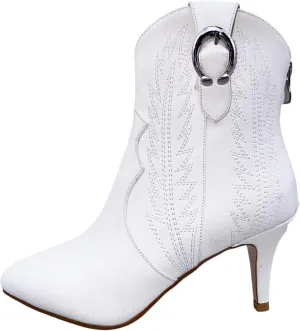 Frankie Hsu Women's Embroidered Western Cowboy Boots Ankle High Stitching Blue Denim Almond Medium Heeled Kitten Heel Fashion Retro Silver U-Shaped Buckle Classic Wide Ankle Big Size Pull-On Bootie