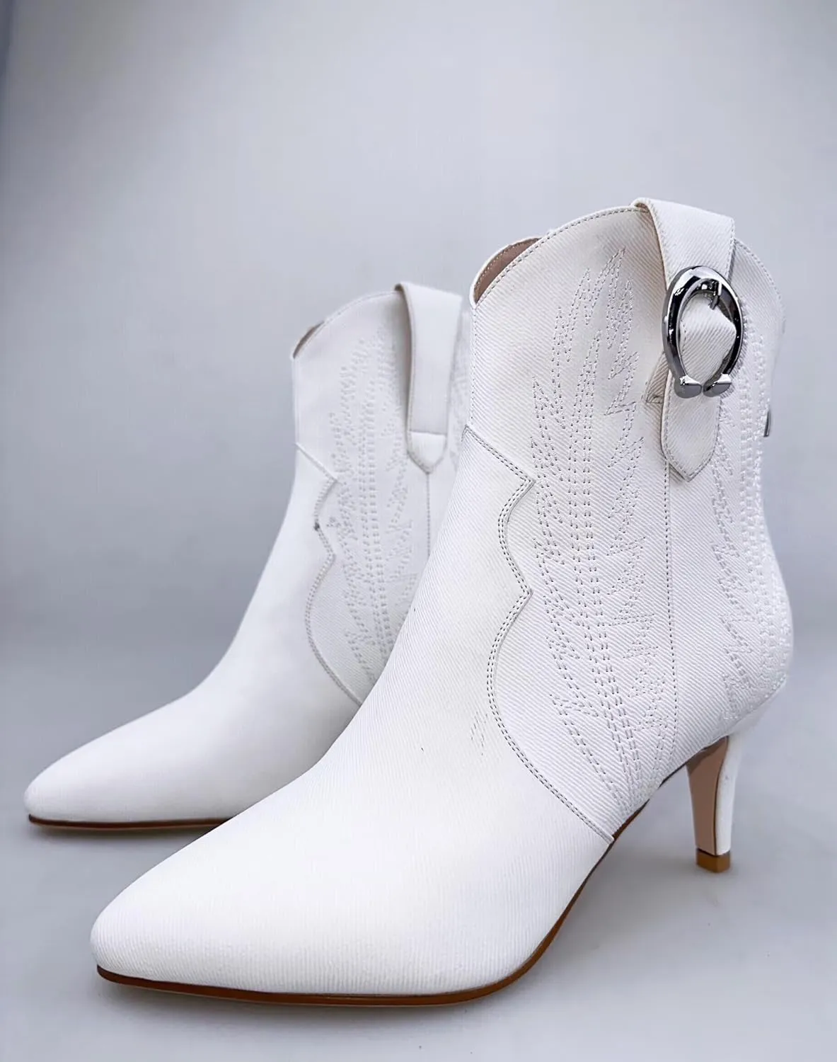 Frankie Hsu Women's Embroidered Western Cowboy Boots Ankle High Stitching Blue Denim Almond Medium Heeled Kitten Heel Fashion Retro Silver U-Shaped Buckle Classic Wide Ankle Big Size Pull-On Bootie