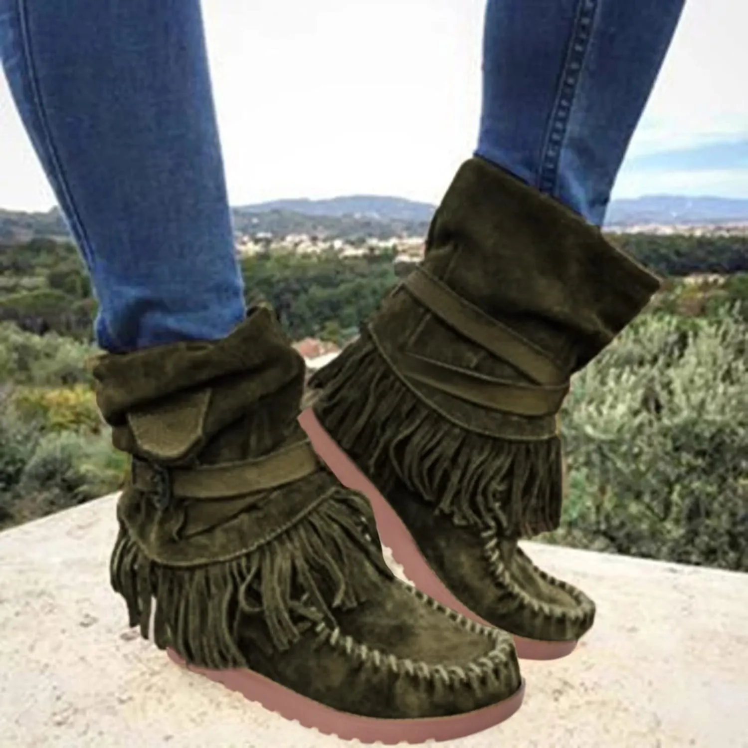 Fringe Cowboy Boots For Women Suede Ankle Boots Moccasin Boots Low Heel Slouch Boots Comfy Flat Western Shoes