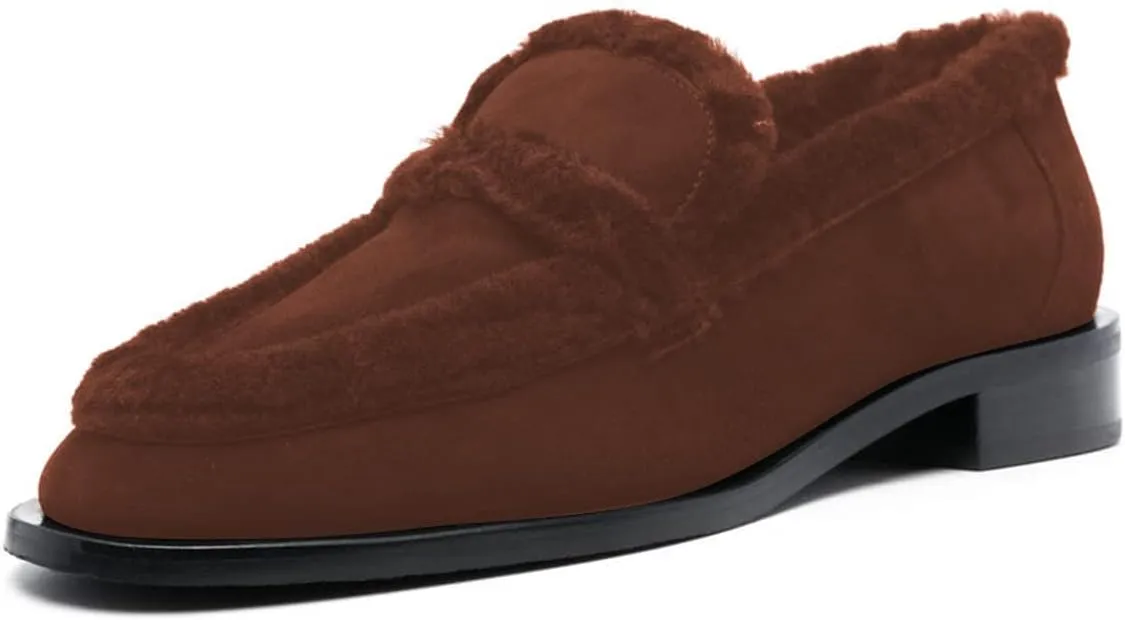 FSJ Women Winter Classic Flat Loafers Round Toe Comfort Chunky Low Heels Fur Lining Warm Moccasin Pumps Casual Slip On Indoor & Outdoor Shoes Size 4-15 US
