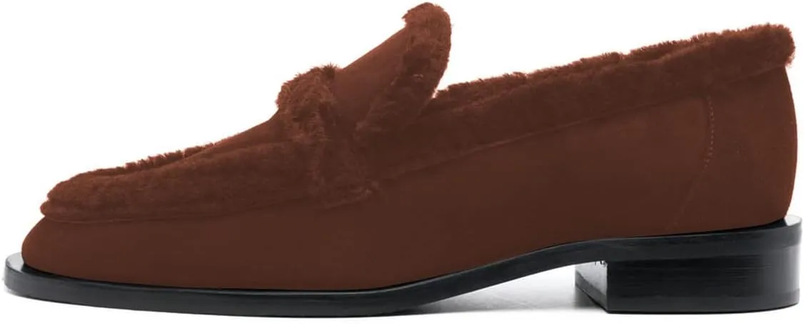 FSJ Women Winter Classic Flat Loafers Round Toe Comfort Chunky Low Heels Fur Lining Warm Moccasin Pumps Casual Slip On Indoor & Outdoor Shoes Size 4-15 US