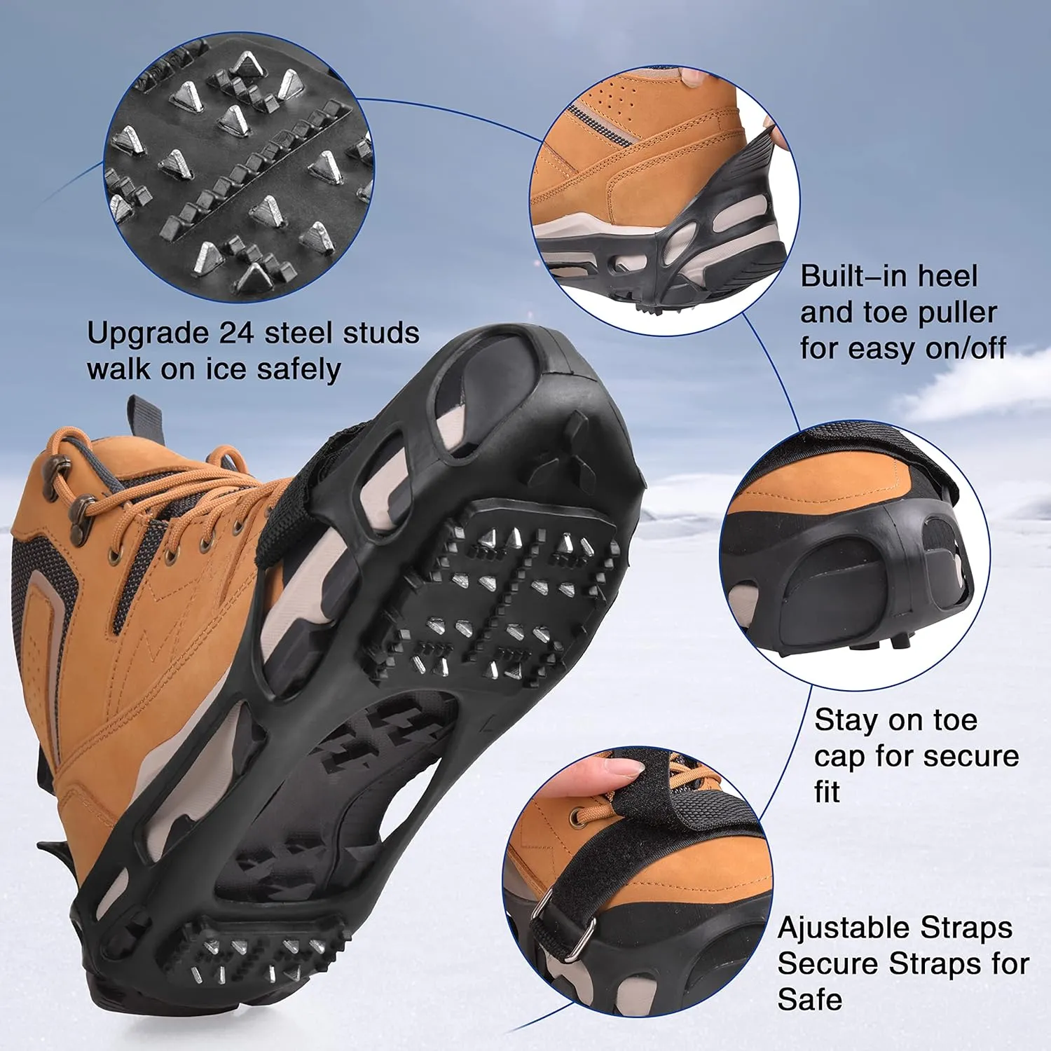 FUSIGO Ice Cleats for Shoes and Boots Crampons Snow Traction Cleats for Walking on Snow and Ice Non-Slip Ice Shoe Grippers Men Women Kids Stretch Rubber Ice Cleats, 24 Studs