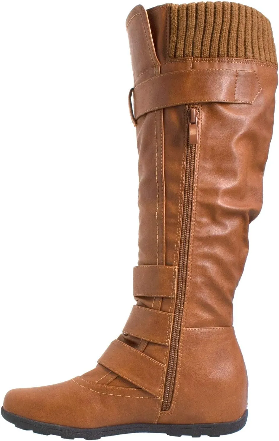 Generation Y Women's Knee High Mid Calf Flats Boots Sweater Knitted Cuff Buckles Wedge Rubber Sole