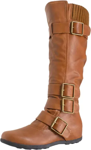 Generation Y Women's Knee High Mid Calf Flats Boots Sweater Knitted Cuff Buckles Wedge Rubber Sole