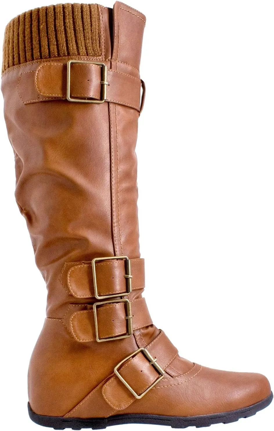 Generation Y Women's Knee High Mid Calf Flats Boots Sweater Knitted Cuff Buckles Wedge Rubber Sole