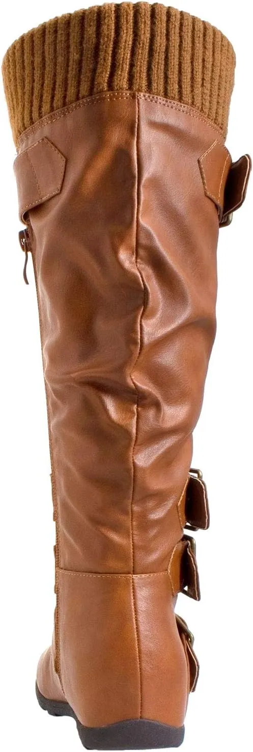 Generation Y Women's Knee High Mid Calf Flats Boots Sweater Knitted Cuff Buckles Wedge Rubber Sole
