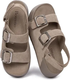 Genuine Leather Platform Sandals Women Slip-on Beach Sandals Slide Buckle Comfortable with Ankle Strap Soft Lining and Open Toe Low Wedges
